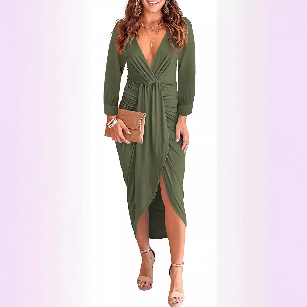 Damen Wickel-Kleid mit tiefem V-Ausschnitt und seitlichem Schlitz Fudus