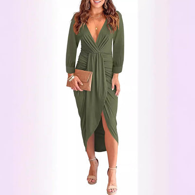 Damen Wickel-Kleid mit tiefem V-Ausschnitt und seitlichem Schlitz Fudus