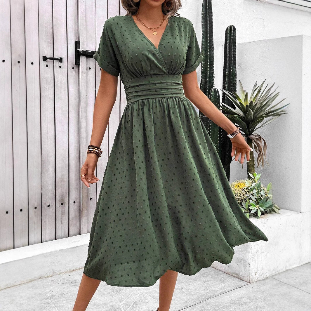 Damen midi Kleid mit gerafftem Oberteil und V-Ausschnitt Fudus