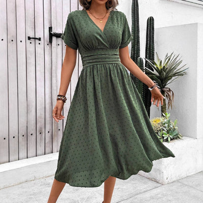 Damen midi Kleid mit gerafftem Oberteil und V-Ausschnitt Fudus