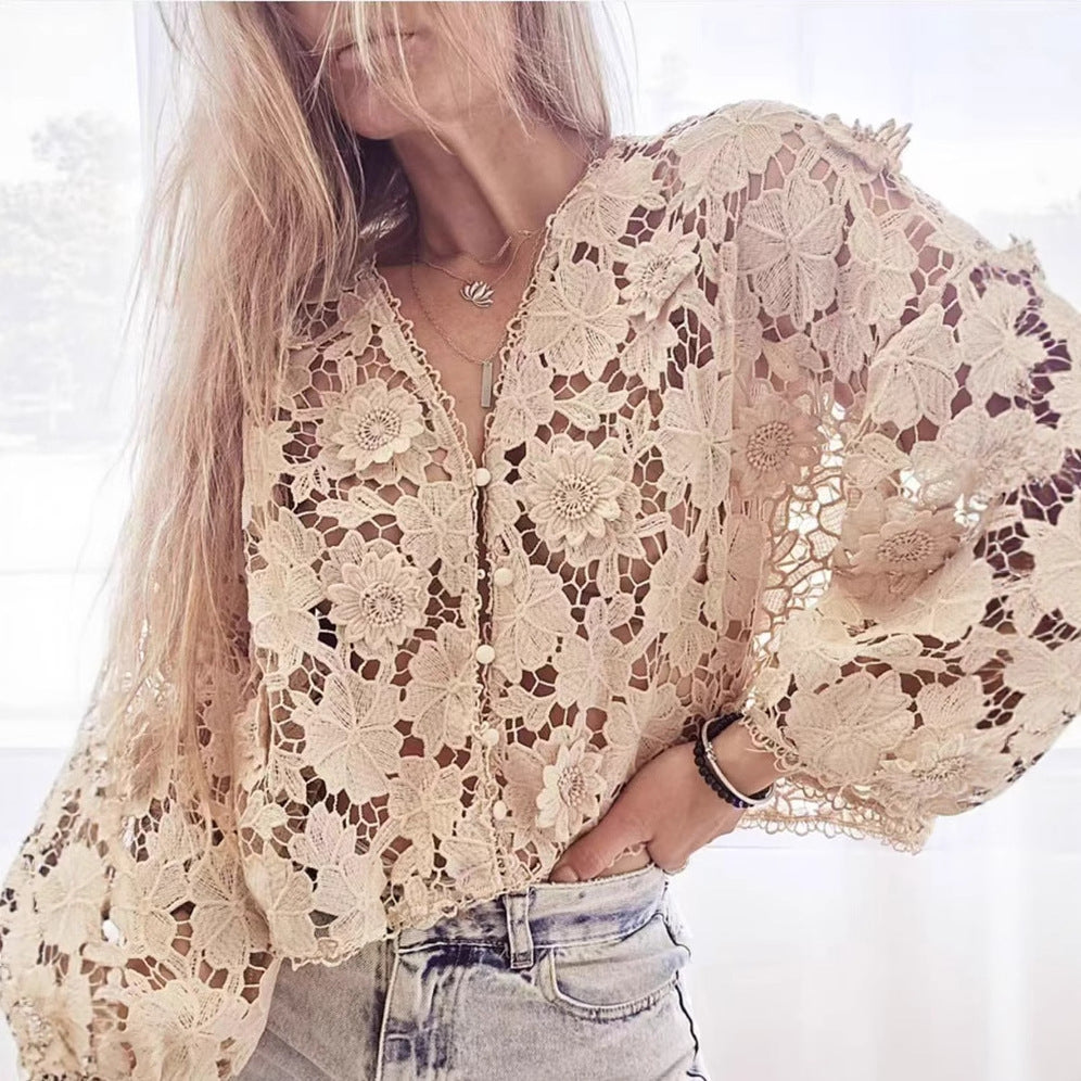 Damen Bluse aus filigraner Spitze mit floralen Motiven Fudus