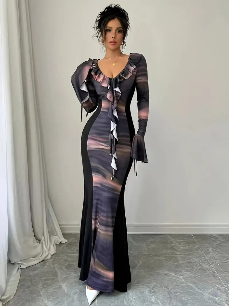 Damen Elegantes Maxi-Kleid mit Rüschen und Farbverlauf Fudus