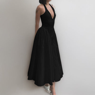 Damen Maxikleid mit tiefem V-Ausschnitt und schwingendem Rock Fudus