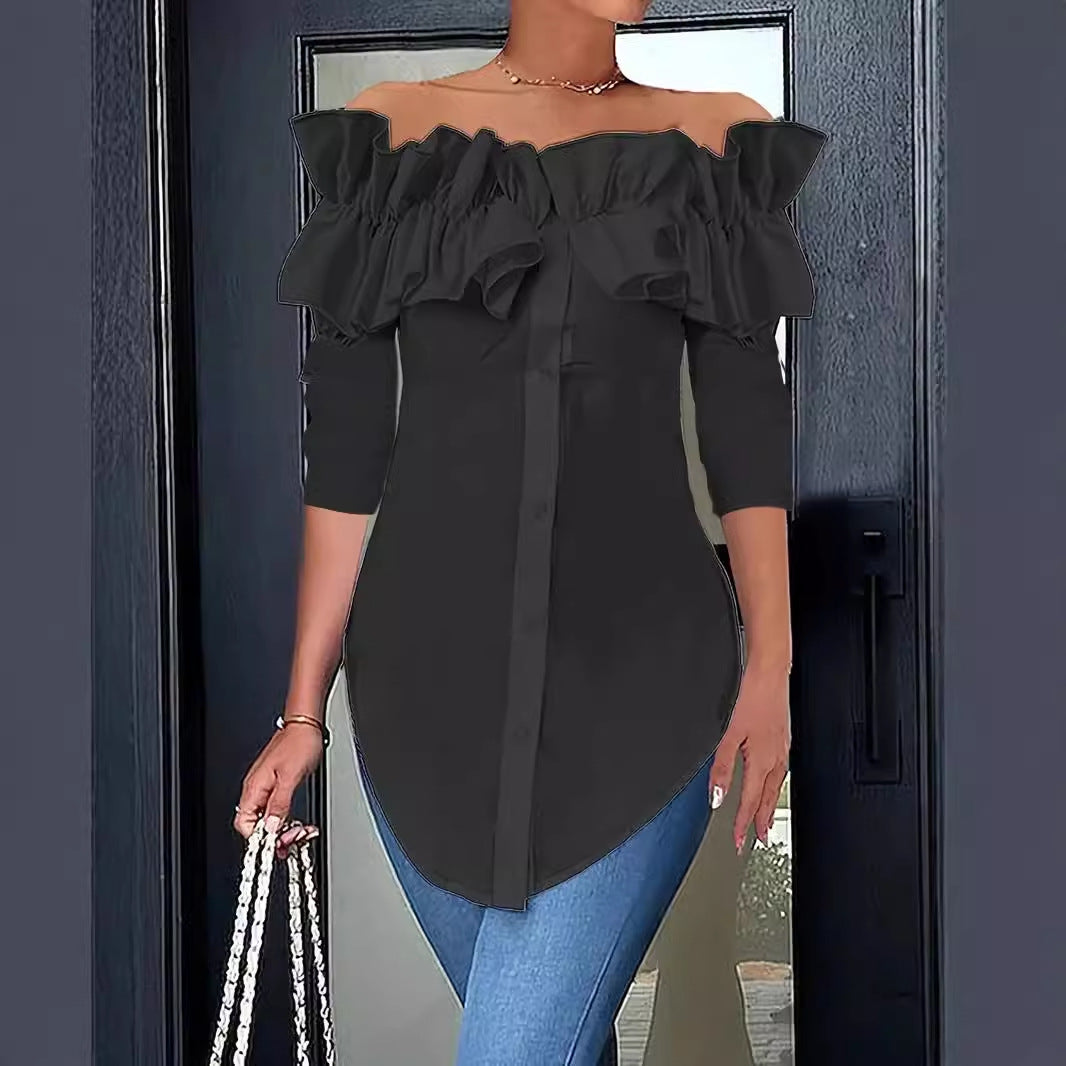 Damen Off-Shoulder Bluse mit Rüschen und Knopfdetails Fudus
