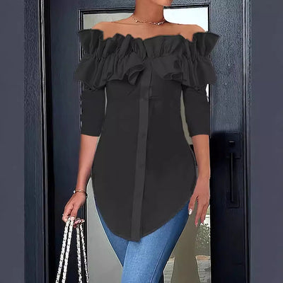 Damen Off-Shoulder Bluse mit Rüschen und Knopfdetails Fudus