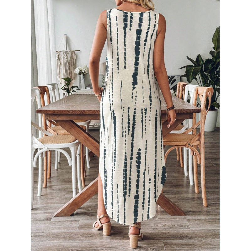 Damen Maxikleid mit V-Ausschnitt und modernem Streifenmuster Fudus