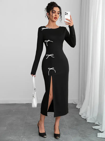 Damen elegantes Maxikleid mit raffinierten Schnürdetails und hohem Schlitz Fudus