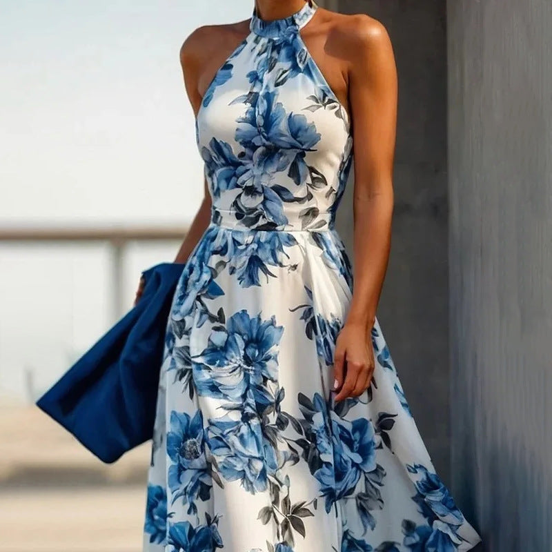 Damen Maxikleid mit floralem Design und schickem Halterkragen Fudus