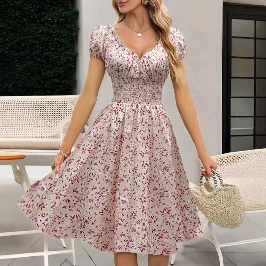 Damen Floral Midi-Kleid mit elastischem Bund und Puffärmeln Fudus