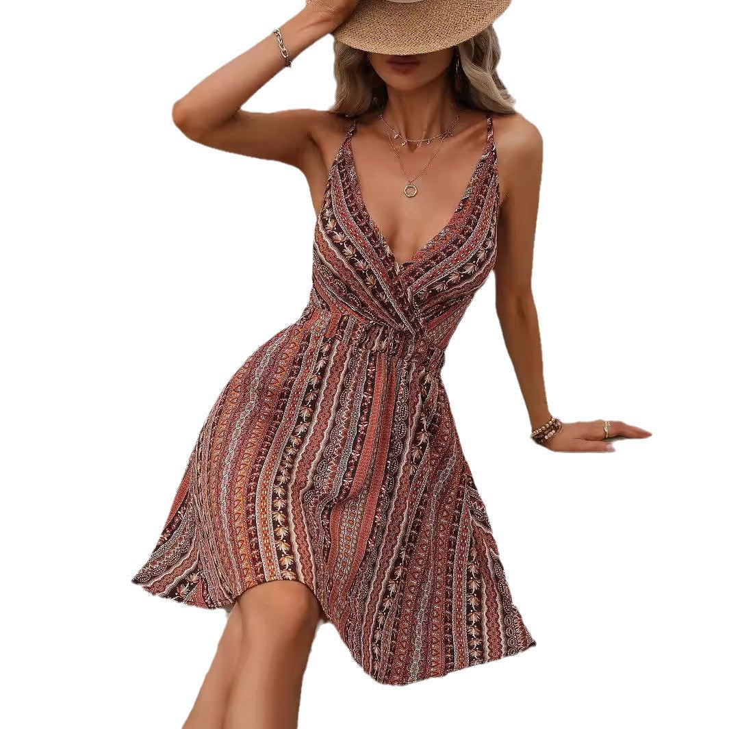 Damen Freizeitkleid mit tiefem V-Ausschnitt und angesagtem Muster Fudus