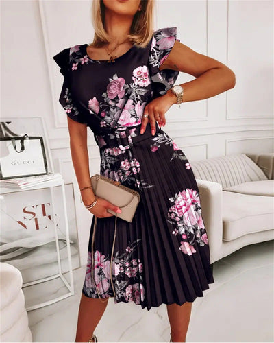 Damen Maxikleid mit modischem Blumenmuster und Taillengürtel Fudus