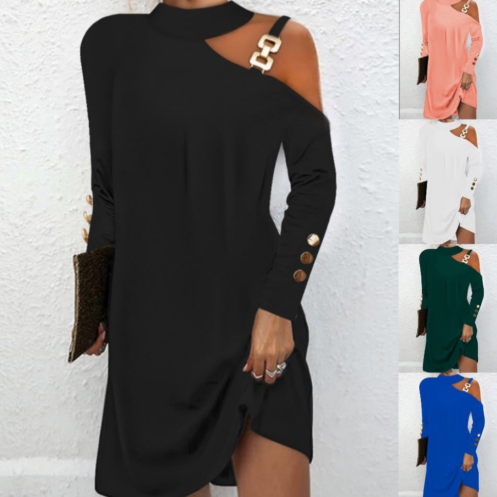 Damen modisches Minikleid mit schickem Schulterdesign und dekorativen Knopfdetails Fudus