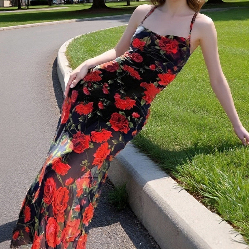 Damen Maxikleid mit floralen Details und leicht transparentem Stoff Fudus