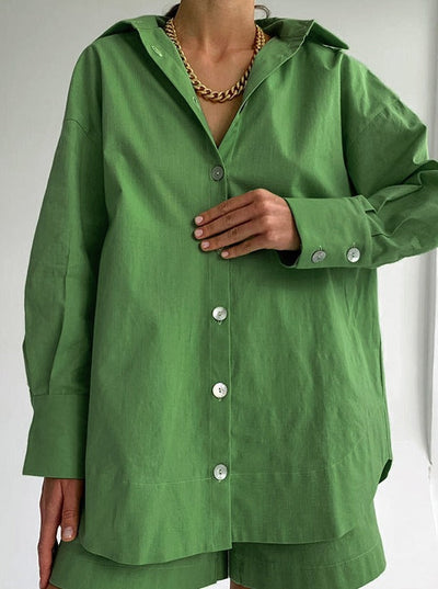 Damen Baumwollset mit Oversized-Bluse und lockerer Hose