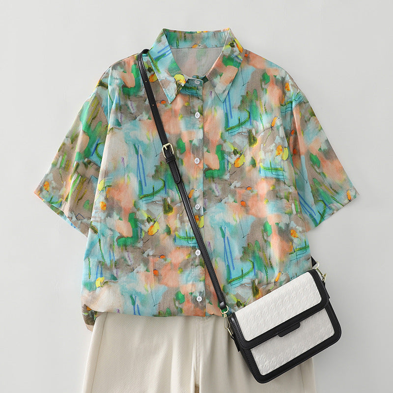 Damen Kurzarm-Hemd mit Herzmuster Fudus