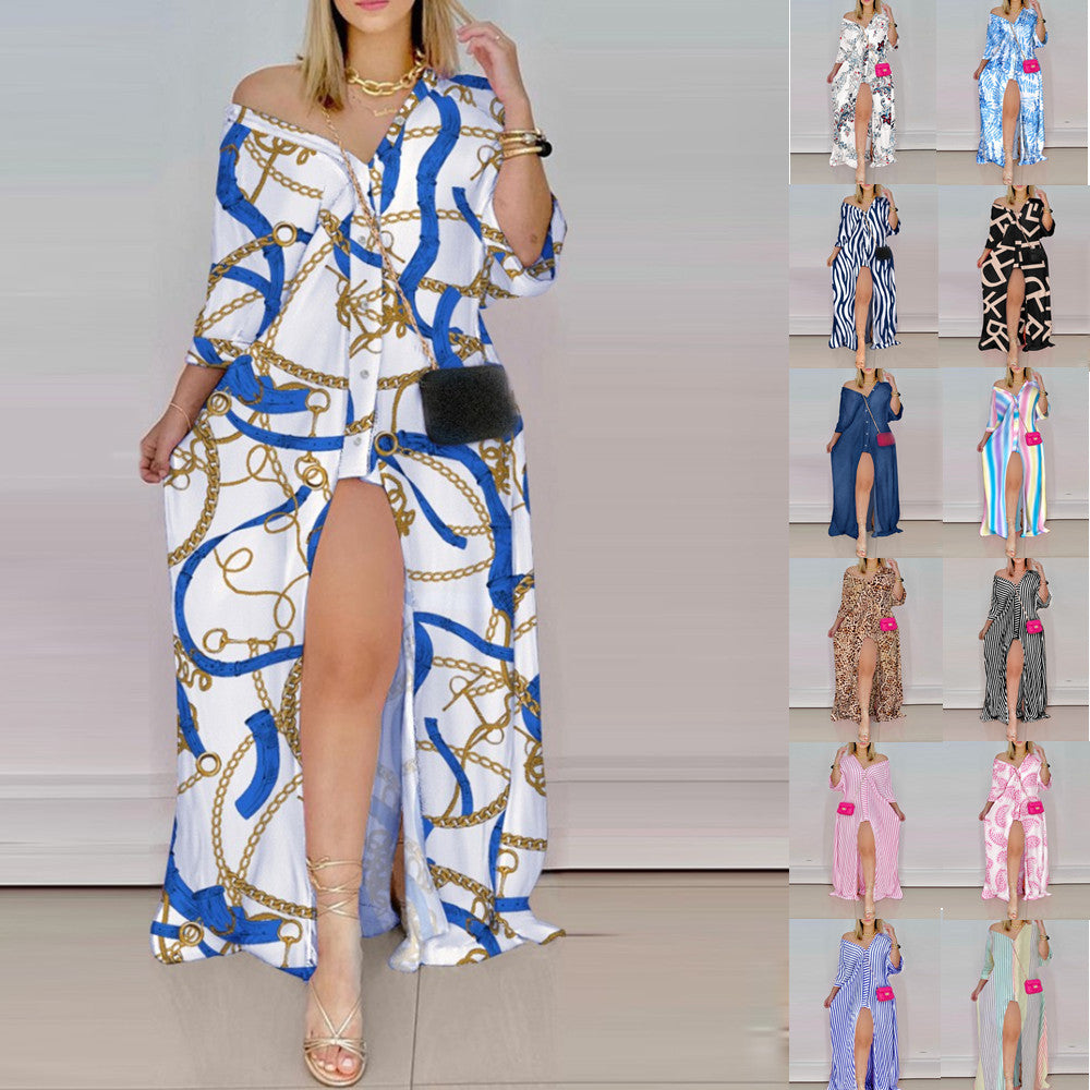 Damen Maxi-Kleid mit verspieltem Paisleymuster und raffiniertem Schlitz Fudus