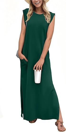 Damen lässiges Maxi-Kleid mit seitlichen Taschen Fudus