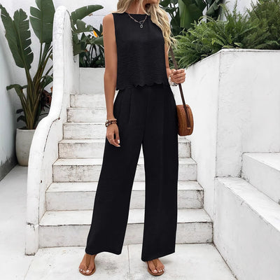 Damen lässiger Jumpsuit mit elegantem Spitzeneinsatz und weitem Bein Fudus