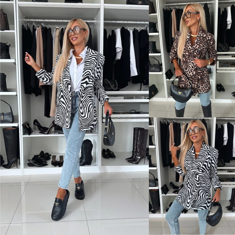 Damen modischer Blazer im Leo-Print mit tailliertem Schnitt Fudus