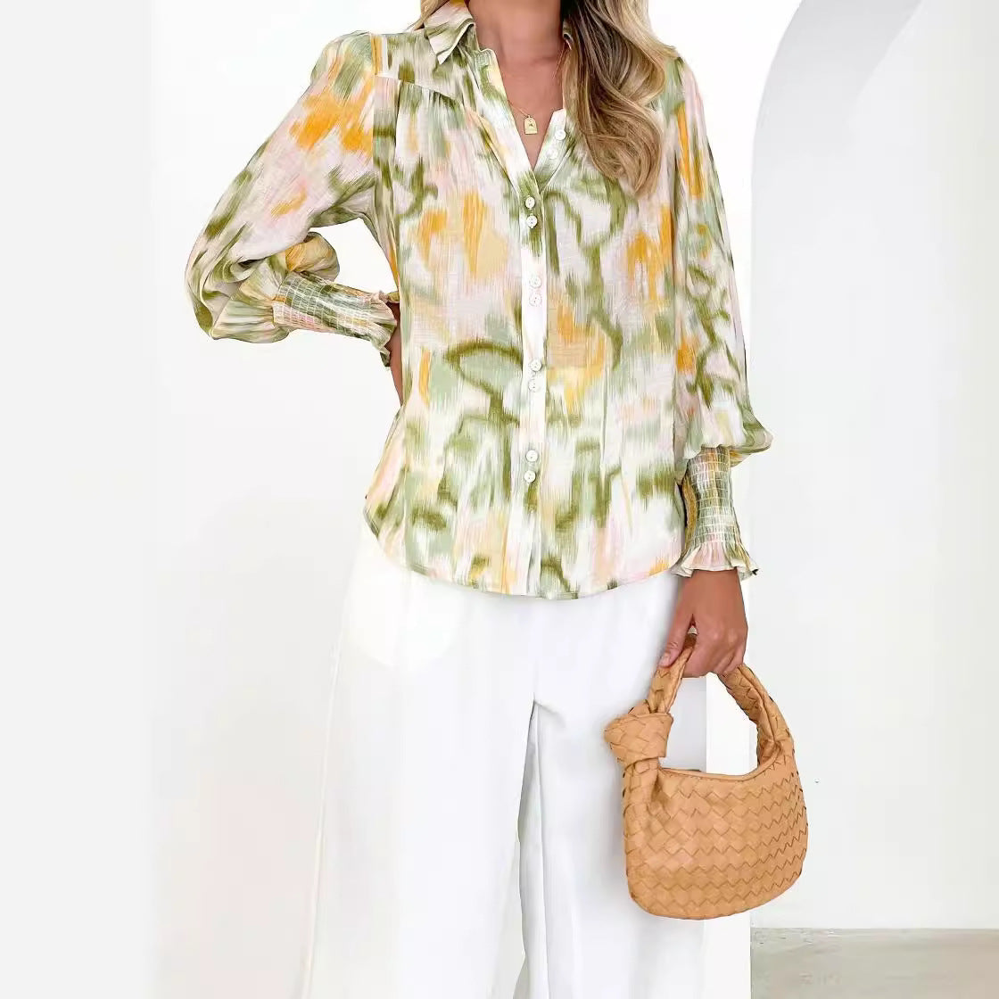 Damen Bluse mit elegantem Farbverlauf und trendigen Puffärmeln Fudus