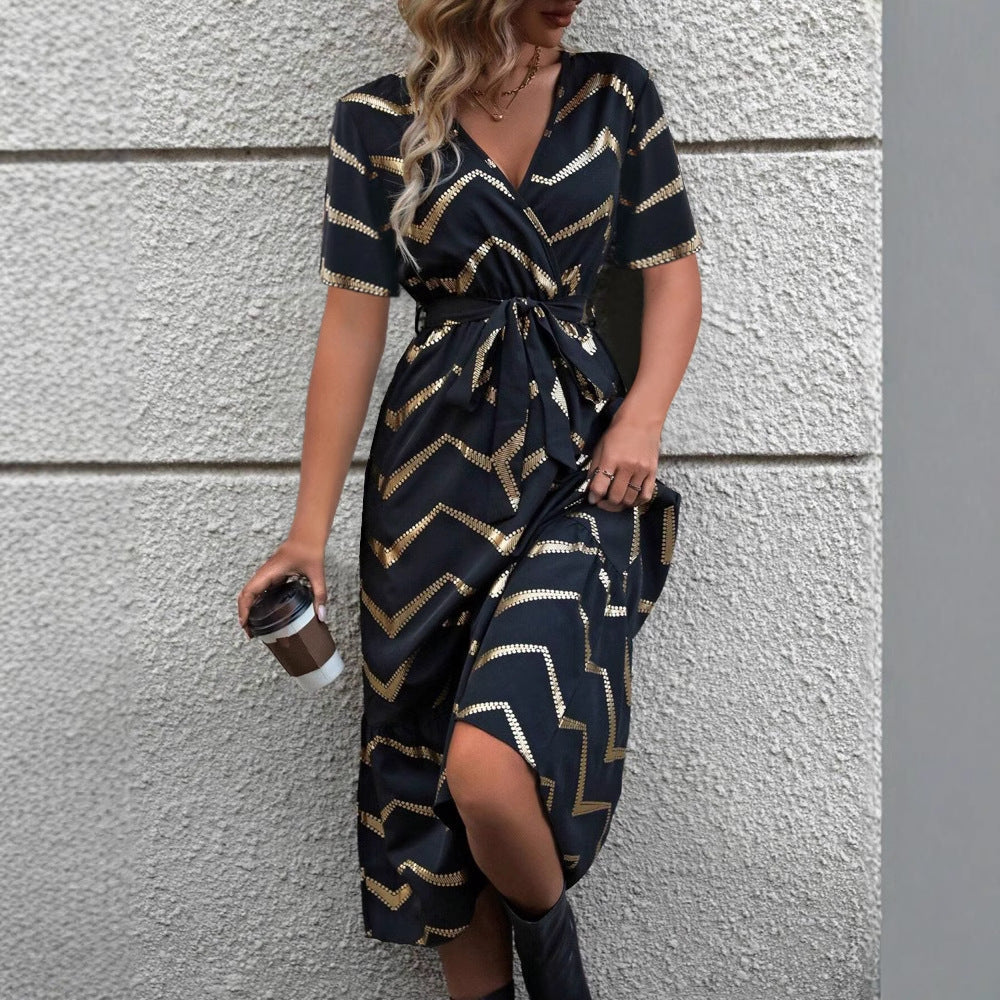 Damen Elegantes Wickelkleid mit grafischem Muster und Taillengürtel Fudus