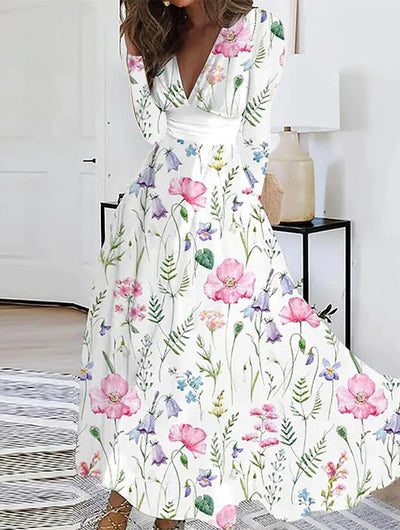Damen Maxikleid mit floralem Design und V-Ausschnitt Fudus