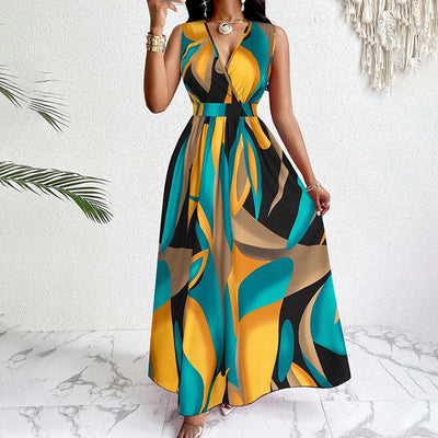 Damen Maxikleid mit kreativem Muster und elegantem V-Ausschnitt Fudus