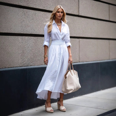 Damen Hemdblusenkleid mit eleganter Taille und fließendem Rock Fudus