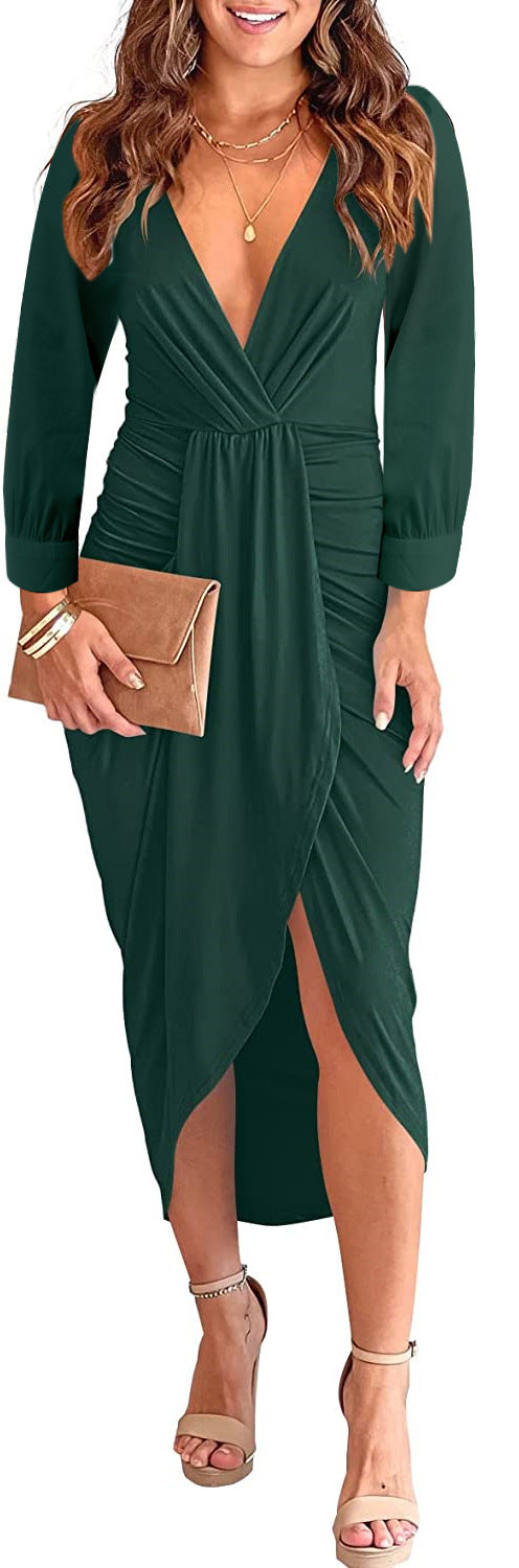 Damen Wickel-Kleid mit tiefem V-Ausschnitt und seitlichem Schlitz Fudus