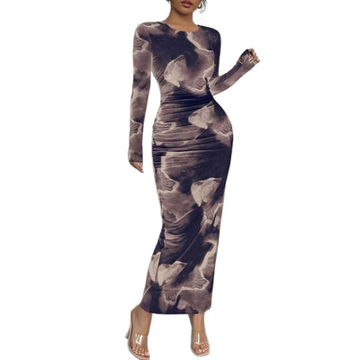 Damen figurbetontes Langarm-Maxikleid mit einzigartigem Mustermix und elegantem Schnitt Fudus