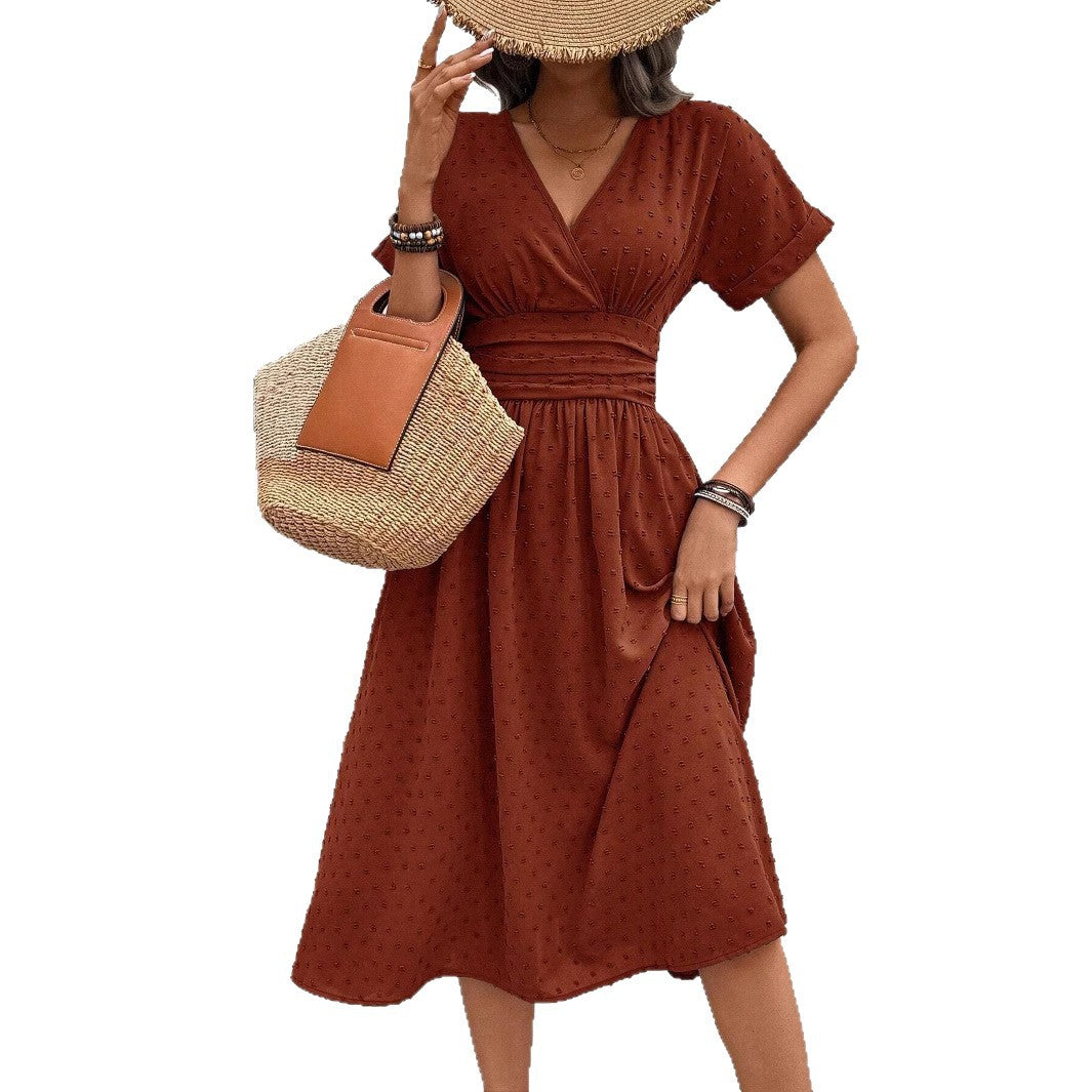 Damen midi Kleid mit gerafftem Oberteil und V-Ausschnitt Fudus