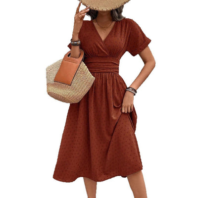 Damen midi Kleid mit gerafftem Oberteil und V-Ausschnitt Fudus