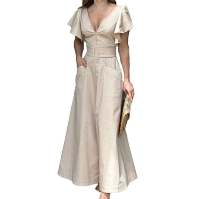 Damen Maxikleid mit eleganten Rüschendetails und praktischen Taschen Fudus