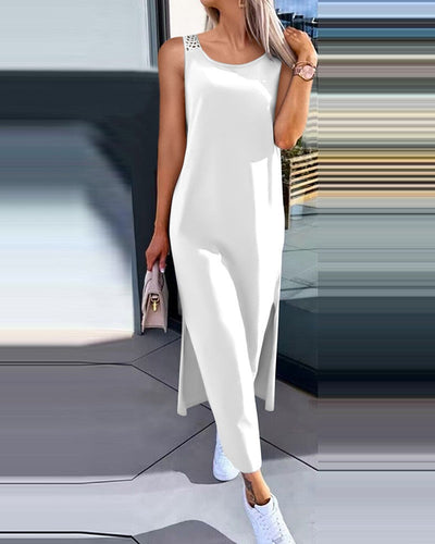 Damen lässiges Longdress mit seitlichen Schlitzen und feinen Spitzenakzenten Fudus