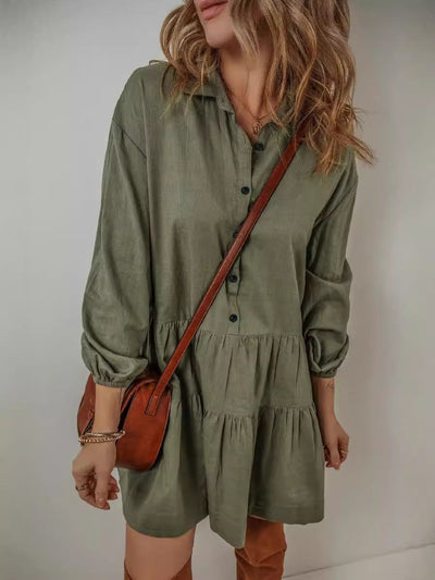 Damen Langärmliges Smockkleid mit Knopfdetails und Rüschen Fudus