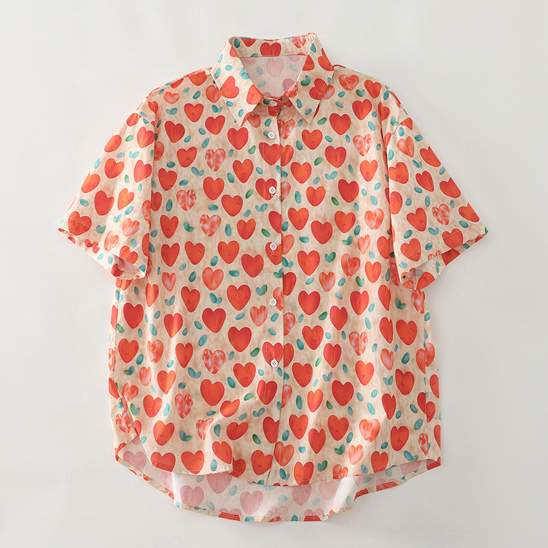 Damen Kurzarm-Hemd mit Herzmuster Fudus