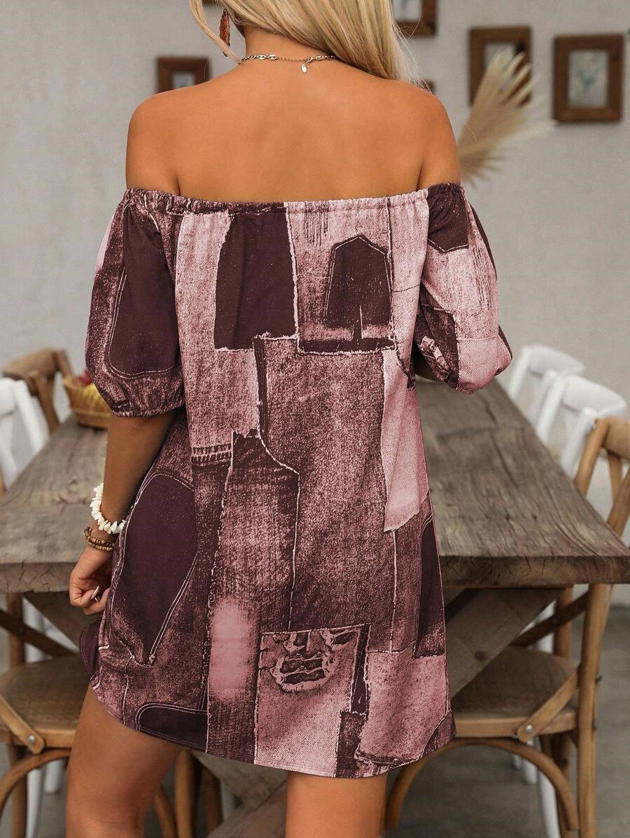 Damen Off-Shoulder Kleid mit modernem Patchwork-Design Fudus