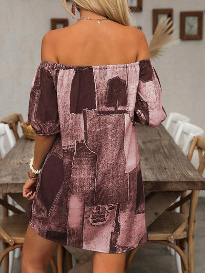 Damen Off-Shoulder Kleid mit modernem Patchwork-Design Fudus