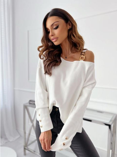 Damen Oversized Pullover mit Schulterfreischnitten und dekorativen Knöpfen Fudus