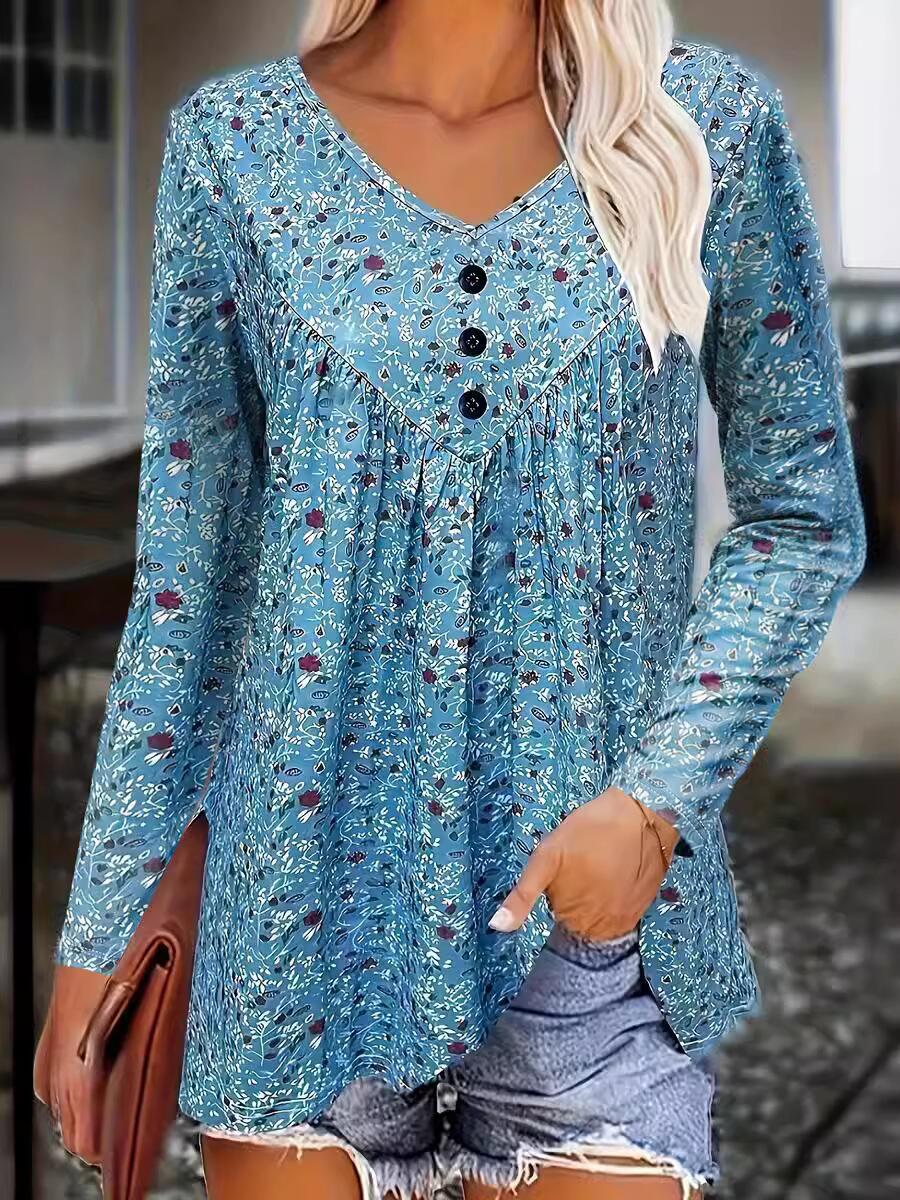 Damen Bluse mit Blumenmuster und Knopfdetails Fudus