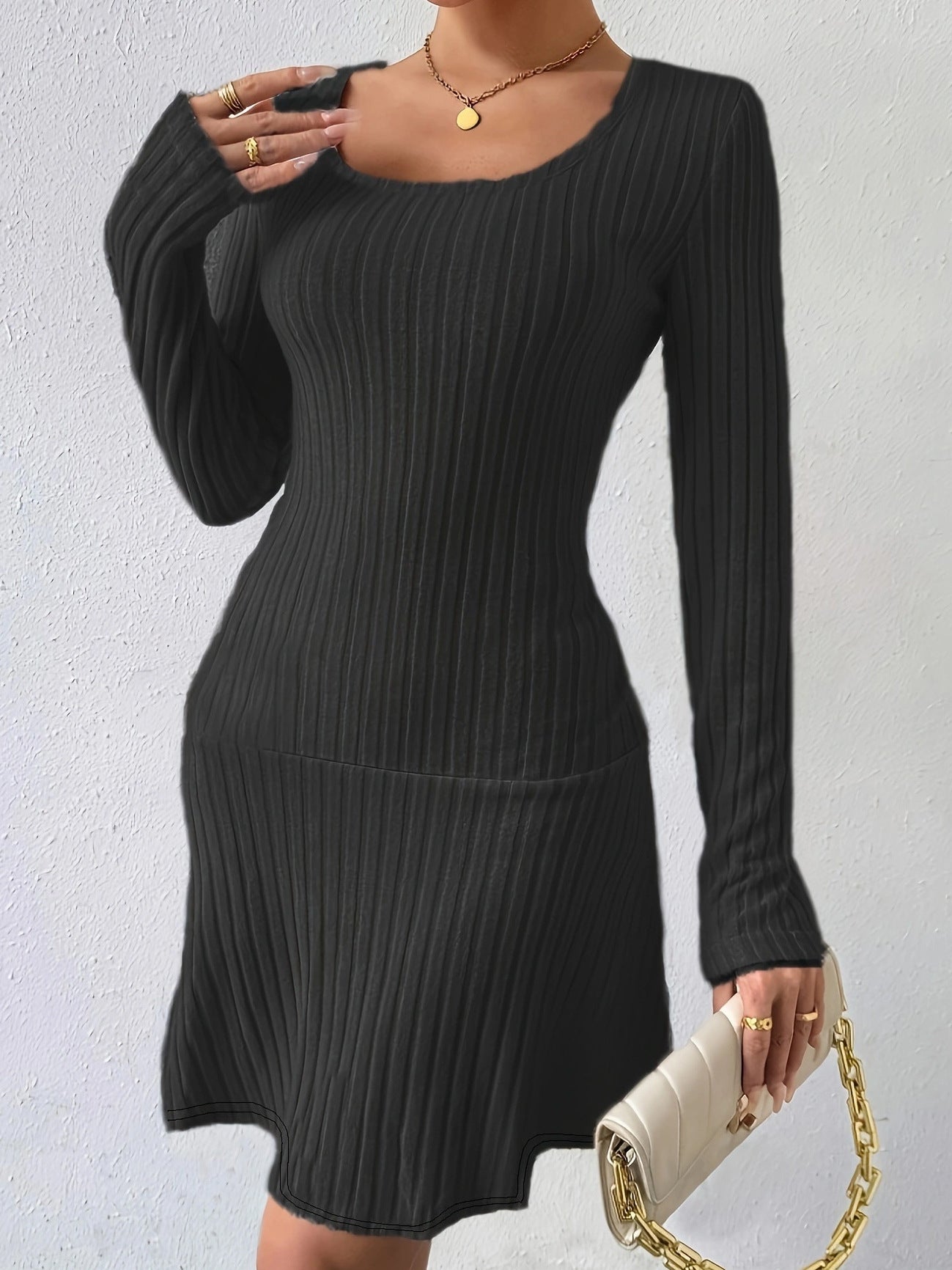 Damen Langärmliges Rippenkleid Fudus