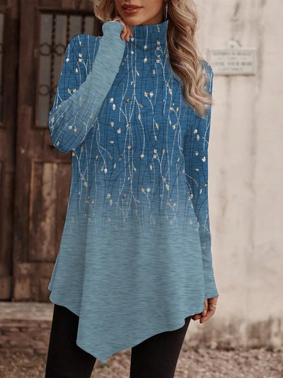 Damen Modisches Tunika-Oberteil mit hochgeschlossenem Kragen und floralem Design Fudus