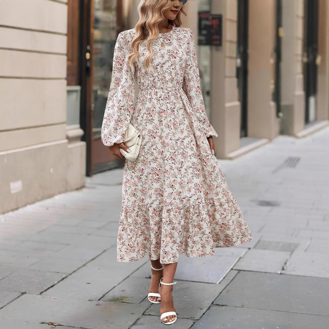 Damen Maxi-Kleid mit eleganten Rüschendetails und floralem Design Fudus