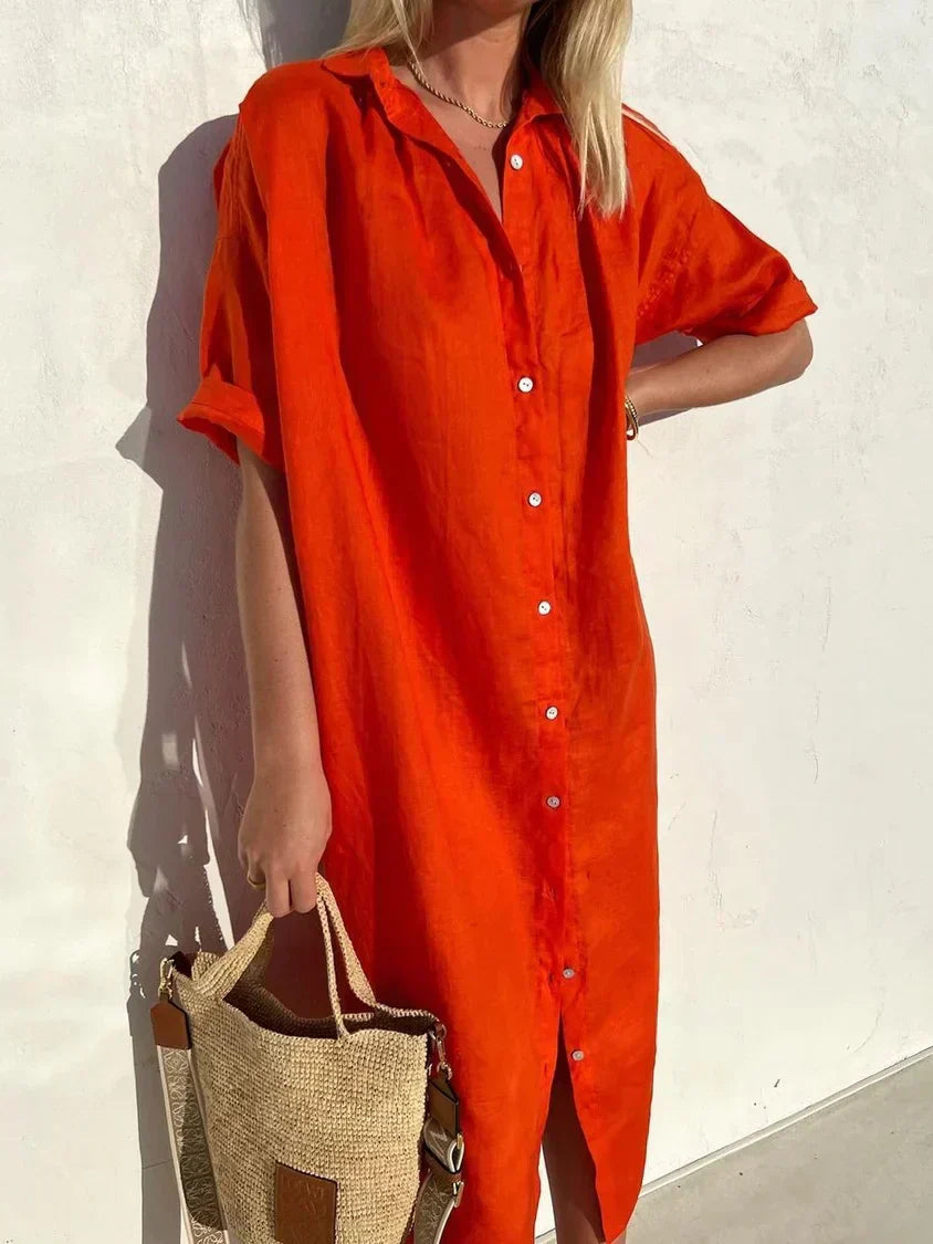 Janie - Elegantes Kleid Mit Knopfverschluss Und Leinen