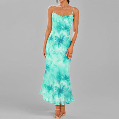 Damen Maxikleid mit feinen Spaghettiträgern und blumigem Design Fudus