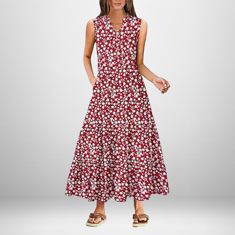 Damen Maxi-Kleid mit knielangen Ärmeln und modischen Knopfdetails Fudus