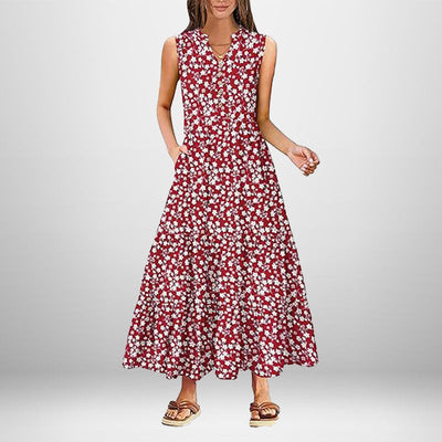 Damen Maxi-Kleid mit knielangen Ärmeln und modischen Knopfdetails Fudus