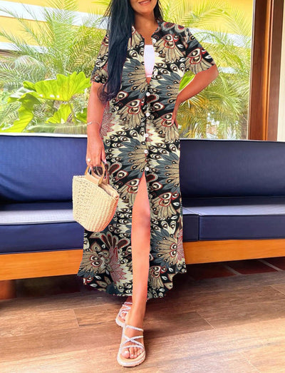 Damen lässiges Strickkleid mit lässigem Kragen und seitlichem Schlitz Fudus