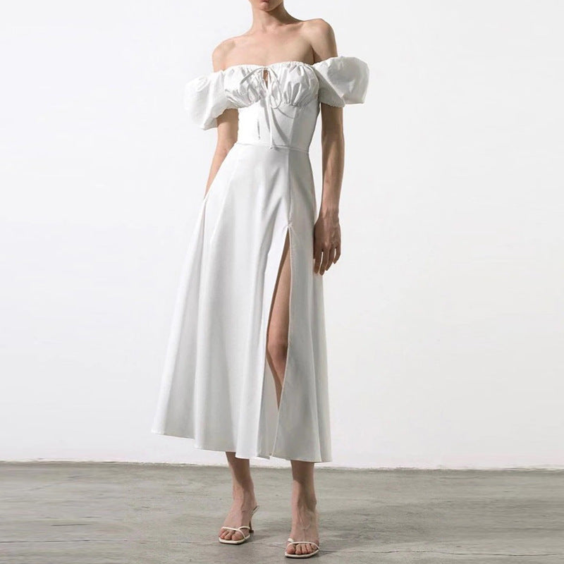 Damen Maxikleid mit schulterfreiem Design und voluminösen Puffärmeln Fudus