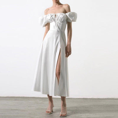 Damen Maxikleid mit schulterfreiem Design und voluminösen Puffärmeln Fudus